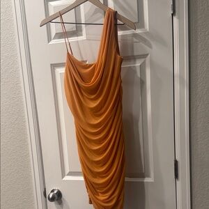 Oh Polly | Lasting Lover Asymmetrical Cowl Neck Mini Dress in Caramel - BNWT